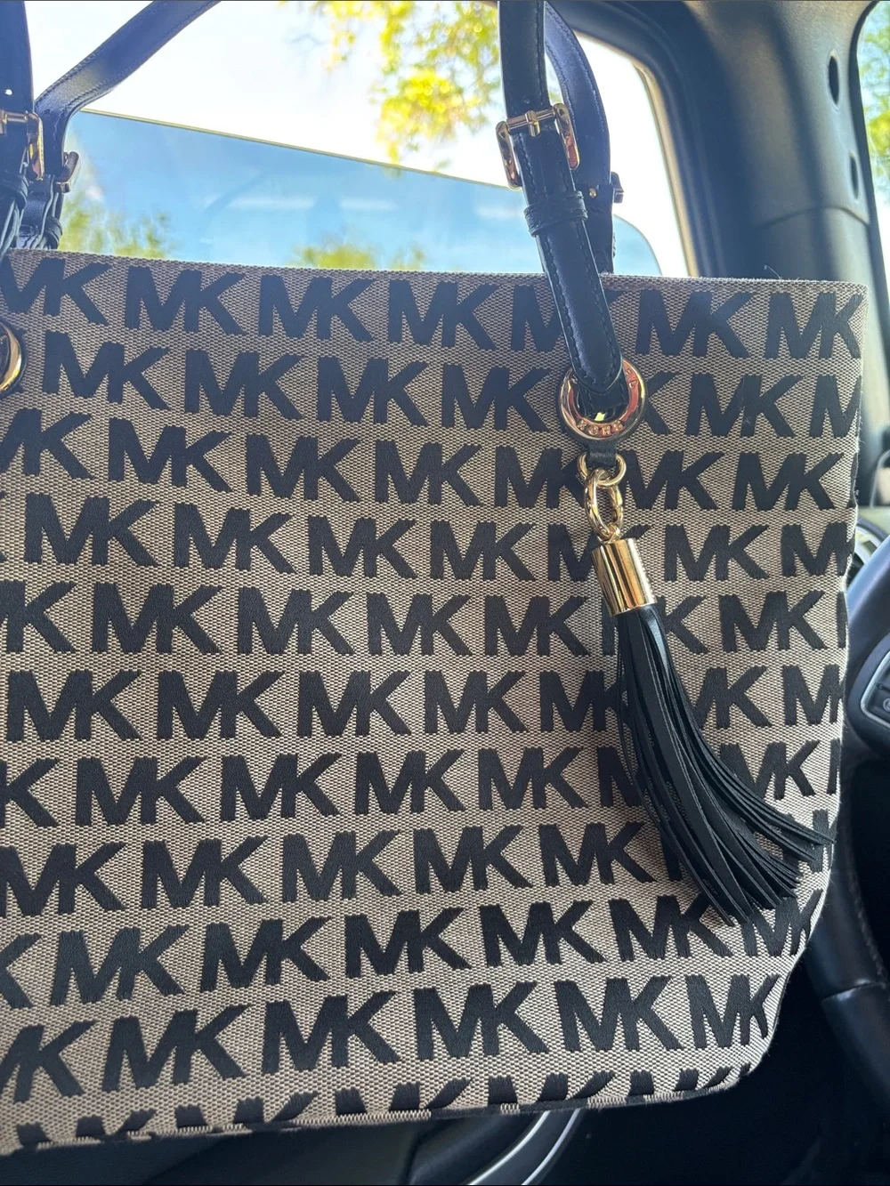 Michael Kors Black and Beige MK Logo Tote with Tassel Charm - Picture 6 of 13